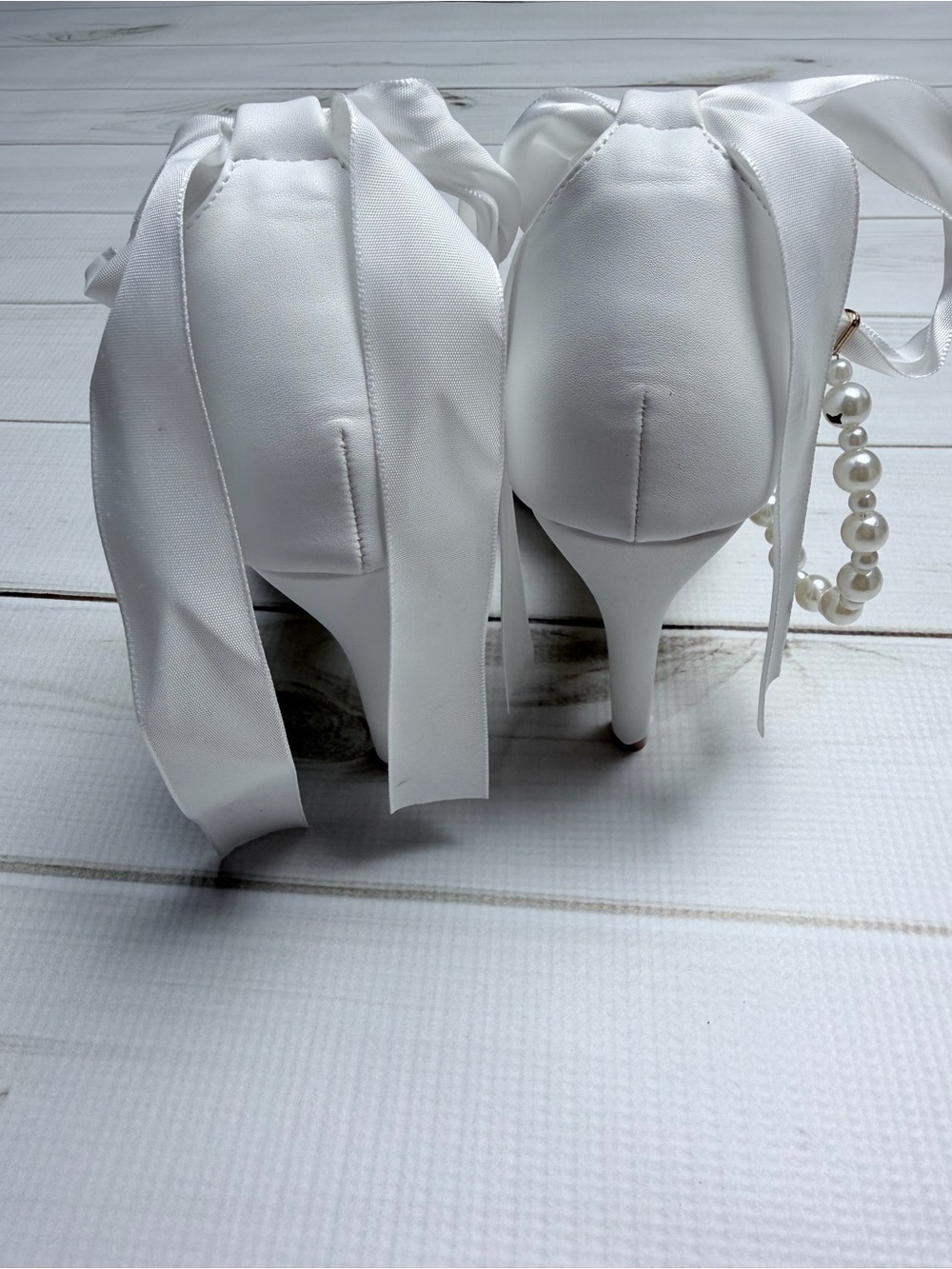Pointed Toe Bridal Heels with Pearl Ankle Strap & Ribbon Ties - Picture 6 of 8